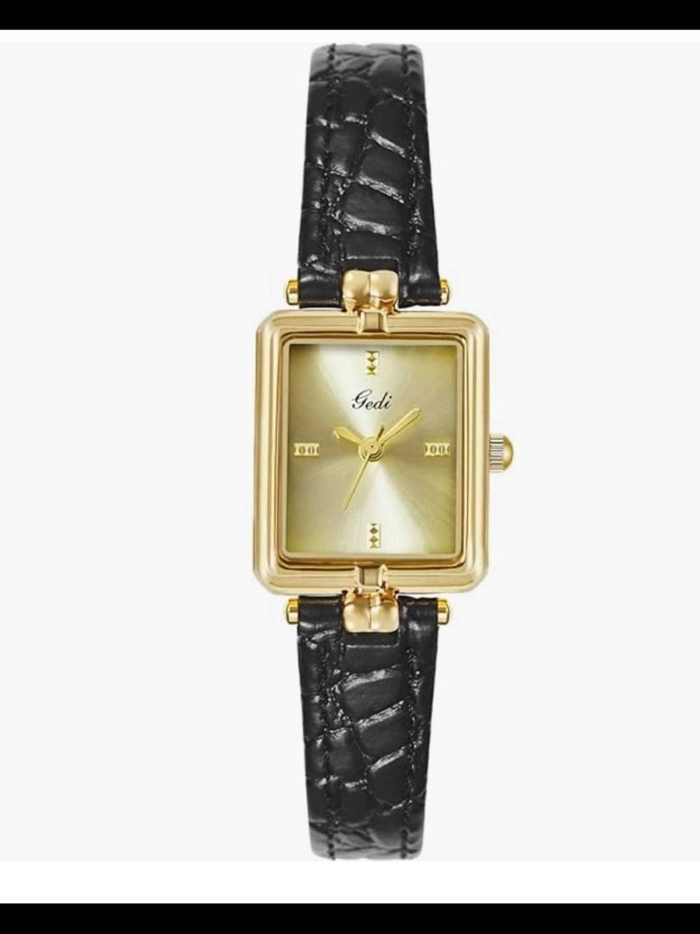 Women's Gold Square Dial Black Leather Strap Watch